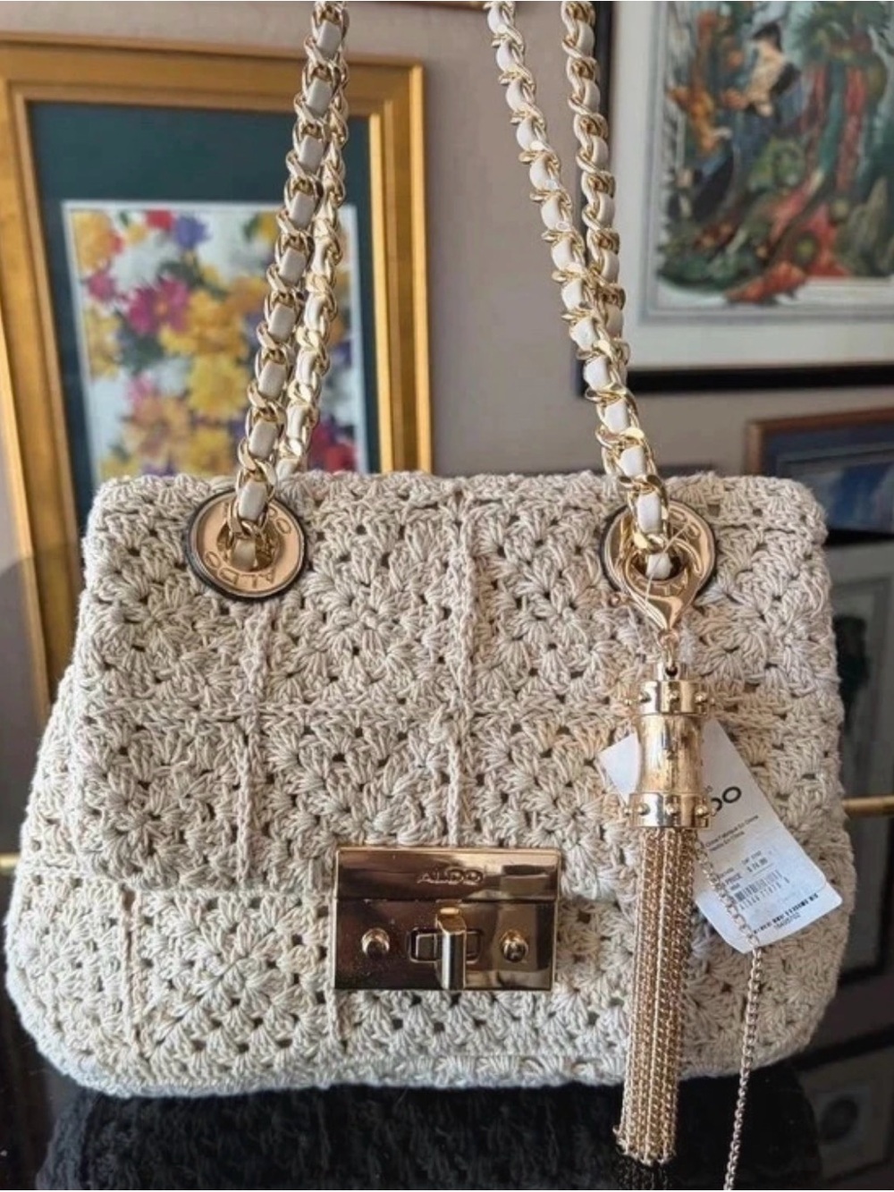 Aldo Cream Crochet Shoulder Bag with Gold Chain and Tassel